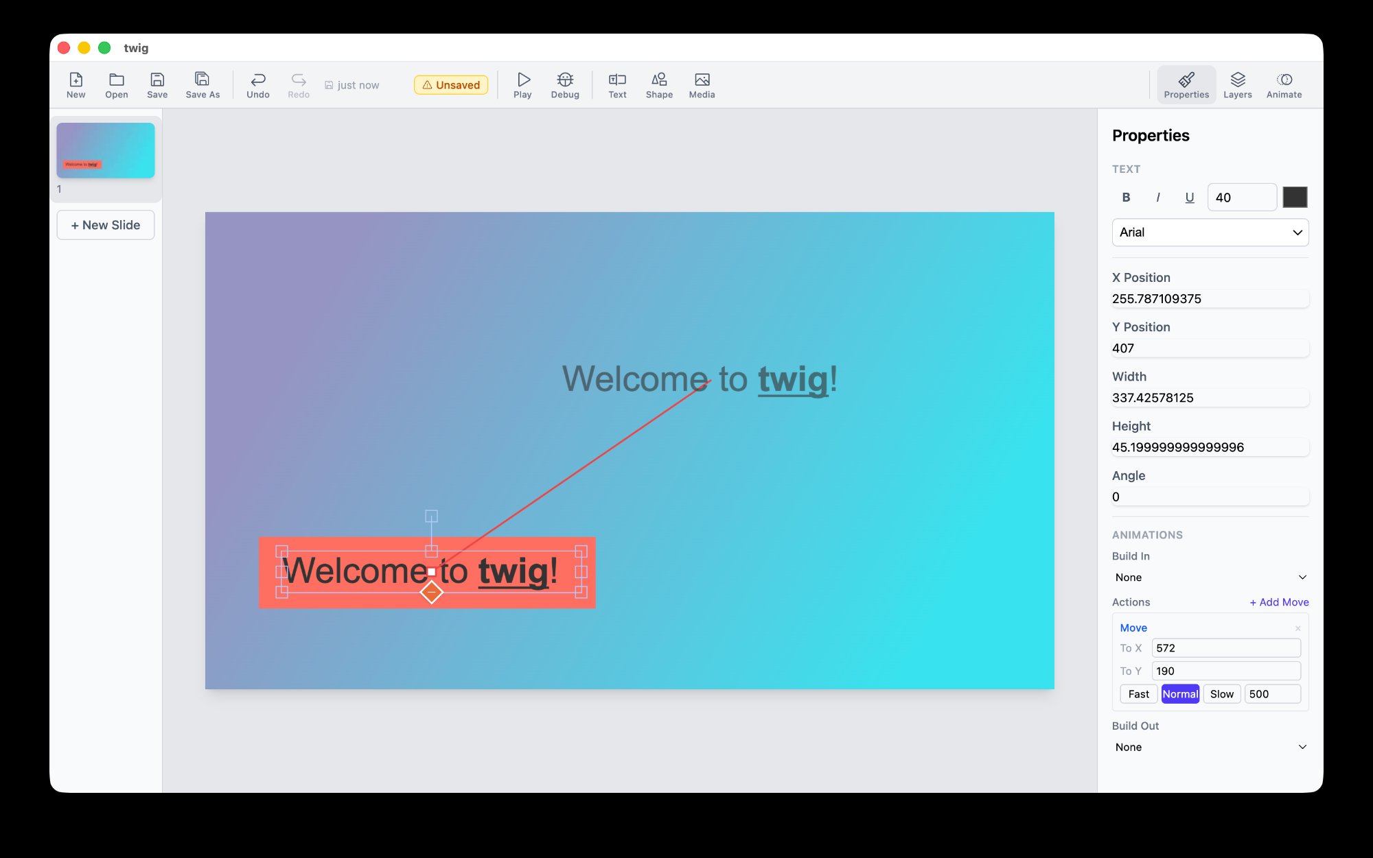 twig — element properties panel with move animations